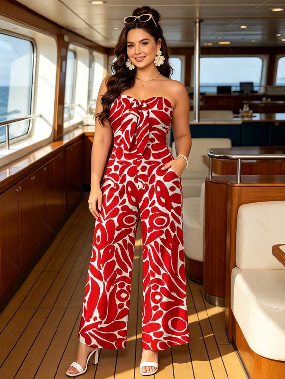 Hawaiian Vacation Couple Outfit Abstract Graffiti Print Tied Pocket Off the Shoulder Wide Leg Jumpsuit and Shirt Set - Rouge S | US 4
