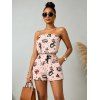Vacation Romper Vintage Old School Tattoo Print Pocket Off the Shoulder Romper - Rose M | US 6