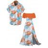 Hawaiian Vacation Couple Outfit Palm Leaf Print Flounce Off the Shoulder Smocked Slit Dress and Shirt Set - Orange S | US 4