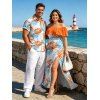 Hawaiian Vacation Couple Outfit Palm Leaf Print Flounce Off the Shoulder Smocked Slit Dress and Shirt Set - Orange S | US 4