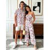 Hawaiian Vacation Couple Outfit Abstract Leaf Print Tied Pocket Off the Shoulder Jumpsuit and Shirt Set - Rose S | US 4