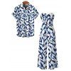Hawaiian Vacation Couple Outfit Abstract Leaf Print Tied Pocket Off the Shoulder Jumpsuit and Shirt Set - Bleu profond S | US 4