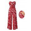 Vacation Wide Leg Jumpsuit Abstract Graffiti Print Tied Pocket Off the Shoulder Jumpsuit - Rouge XXXL | US 16