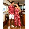 Hawaiian Vacation Couple Outfit Abstract Graffiti Print Tied Pocket Off the Shoulder Wide Leg Jumpsuit and Shirt Set - Rouge S | US 4