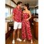 Hawaiian Vacation Couple Outfit Abstract Graffiti Print Tied Pocket Off the Shoulder Wide Leg Jumpsuit and Shirt Set - Rouge S | US 4