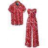 Hawaiian Vacation Couple Outfit Abstract Graffiti Print Tied Pocket Off the Shoulder Wide Leg Jumpsuit and Shirt Set - Rouge S | US 4
