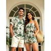 Hawaiian Vacation Couple Outfit Wave Tribal Print Pocket Off the Shoulder Romper and Shirt Set - Vert profond S | US 4