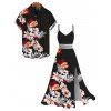 Vacation Couple Outfit Hibiscus Floral Tropical Leaf Print Lace Hollow Out Slit Dress and Shirt Set - Noir S | US 4