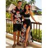 Vacation Couple Outfit Hibiscus Floral Tropical Leaf Print Lace Hollow Out Slit Dress and Shirt Set - Noir S | US 4