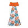 Hawaiian Vacation Dress Colorblock Palm Leaf Print Flounce Off the Shoulder Smocked Slit Dress - Orange M | US 6
