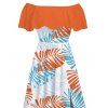 Hawaiian Vacation Dress Colorblock Palm Leaf Print Flounce Off the Shoulder Smocked Slit Dress - Orange M | US 6