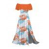 Hawaiian Vacation Dress Colorblock Palm Leaf Print Flounce Off the Shoulder Smocked Slit Dress - Orange XL | US 12