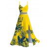 Hawaiian Vacation Dress Tropical Leaf Print Lace Hollow Out Slit Dress - Jaune XXXXXL | US 20