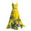 Hawaiian Vacation Dress Tropical Leaf Print Lace Hollow Out Slit Dress - Jaune XXXXXL | US 20