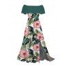 Hawaiian Vacation Dress Tropical Monstera Leaf Floral Print Flounce Off the Shoulder Smocked Slit Dress - Turquoise Foncée XXL | US 14
