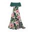 Hawaiian Vacation Dress Tropical Monstera Leaf Floral Print Flounce Off the Shoulder Smocked Slit Dress - Turquoise Foncée XXL | US 14