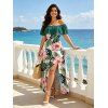 Hawaiian Vacation Dress Tropical Monstera Leaf Floral Print Flounce Off the Shoulder Smocked Slit Dress - Turquoise Foncée XXL | US 14