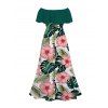 Hawaiian Vacation Dress Tropical Monstera Leaf Floral Print Flounce Off the Shoulder Smocked Slit Dress - Turquoise Foncée XXL | US 14