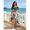 Hawaiian Vacation Couple Outfit Tropical Leaf Floral Print Flounce Off the Shoulder Smocked Slit Dress and Shirt Set - Turquoise Foncée S | US 4