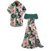 Hawaiian Vacation Couple Outfit Tropical Leaf Floral Print Flounce Off the Shoulder Smocked Slit Dress and Shirt Set - Turquoise Foncée S | US 4