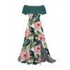 Hawaiian Vacation Couple Outfit Tropical Leaf Floral Print Flounce Off the Shoulder Smocked Slit Dress and Shirt Set - Turquoise Foncée S | US 4