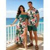 Hawaiian Vacation Couple Outfit Tropical Leaf Floral Print Flounce Off the Shoulder Smocked Slit Dress and Shirt Set - Turquoise Foncée S | US 4