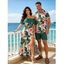 Hawaiian Vacation Couple Outfit Tropical Leaf Floral Print Flounce Off the Shoulder Smocked Slit Dress and Shirt Set - Turquoise Foncée S | US 4