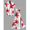 Vacation Couple Outfit Watercolor Hibiscus Floral Print Lace Hollow Out Slit Dress and Shirt Set - Rouge S | US 4