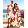 Vacation Couple Outfit Watercolor Hibiscus Floral Print Lace Hollow Out Slit Dress and Shirt Set - Rouge S | US 4