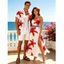 Vacation Couple Outfit Watercolor Hibiscus Floral Print Lace Hollow Out Slit Dress and Shirt Set - Rouge S | US 4