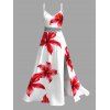 Vacation Couple Outfit Watercolor Hibiscus Floral Print Lace Hollow Out Slit Dress and Shirt Set - Rouge S | US 4