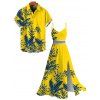 Hawaiian Vacation Couple Outfit Tropical Leaf Print Lace Hollow Out Slit Dress and Shirt Set - Jaune S | US 4
