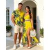 Hawaiian Vacation Couple Outfit Tropical Leaf Print Lace Hollow Out Slit Dress and Shirt Set - Jaune S | US 4