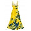 Hawaiian Vacation Couple Outfit Tropical Leaf Print Lace Hollow Out Slit Dress and Shirt Set - Jaune S | US 4