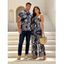 Hawaiian Vacation Couple Outfit Tropical Pineapple Print Pocket Off the Shoulder Jumpsuit and Shirt Set - Bleu de Minuit S | US 4