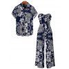 Hawaiian Vacation Couple Outfit Tropical Pineapple Print Pocket Off the Shoulder Jumpsuit and Shirt Set - Bleu de Minuit S | US 4