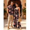 Vacation Couple Outfit Tropical Hand-Drawn Flower Print Pocket Off the Shoulder Jumpsuit and Shirt Set - Rose S | US 4