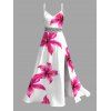 Vacation Couple Outfit Watercolor Hibiscus Floral Print Lace Hollow Out Slit Dress and Shirt Set - Rose Vif S | US 4