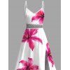 Vacation Dress Watercolor Tropical Hibiscus Floral Print Lace Hollow Out Slit Dress - Rose Vif L | US 8-10