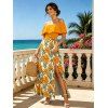 Vacation Dress Hibiscus Floral Leaf Print Flounce Smocked Slit Dress - Brun Doré XXL | US 14