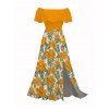 Vacation Dress Hibiscus Floral Leaf Print Flounce Smocked Slit Dress - Brun Doré XXL | US 14