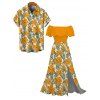 Hawaiian Vacation Couple Outfit Hibiscus Floral Leaf Print Flounce Smocked Slit Dress and Shirt Set - Brun Doré S | US 4