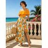 Hawaiian Vacation Couple Outfit Hibiscus Floral Leaf Print Flounce Smocked Slit Dress and Shirt Set - Brun Doré S | US 4