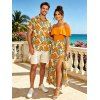 Hawaiian Vacation Couple Outfit Hibiscus Floral Leaf Print Flounce Smocked Slit Dress and Shirt Set - Brun Doré S | US 4