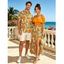 Hawaiian Vacation Couple Outfit Hibiscus Floral Leaf Print Flounce Smocked Slit Dress and Shirt Set - Brun Doré S | US 4