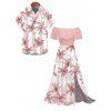 Vacation Couple Outfit Colorblock Coconut Tree Print Flounce Smocked Slit Dress and Shirt Set - Rose S | US 4