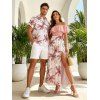 Vacation Couple Outfit Colorblock Coconut Tree Print Flounce Smocked Slit Dress and Shirt Set - Rose S | US 4