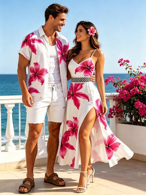 Vacation Couple Outfit Watercolor Hibiscus Floral Print Lace Hollow Out Slit Dress and Shirt Set