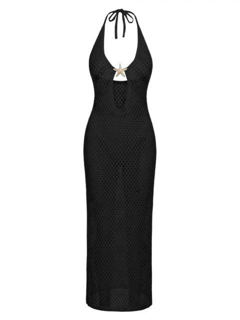 Vacation Cover-up Solid Color See Through Cut Out Starfish Decor Halter Slit Cover-up