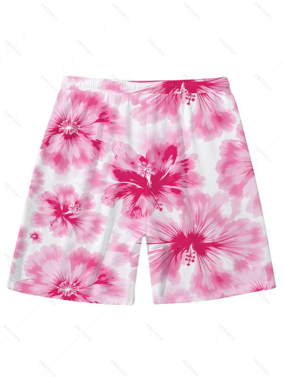 Men's Vacation Beach Shorts Watercolor Hibiscus Floral Print Pocket Drawstring Board Shorts - Rose 5XL
